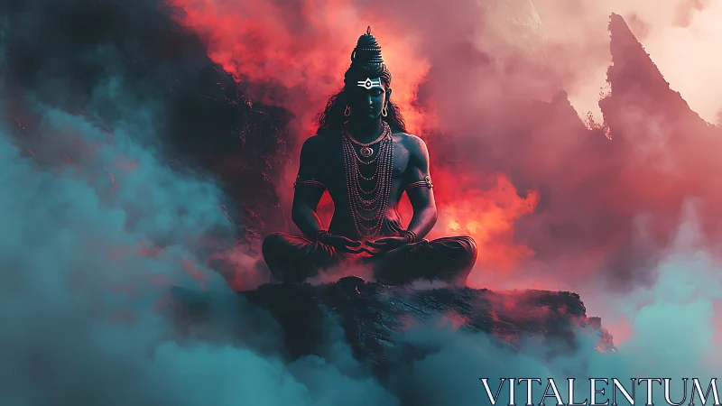 Divine blue deity meditates amid fiery mist and mountains