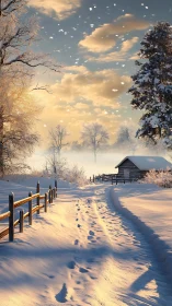 Snowlit country lane drifting into a golden winter hush.