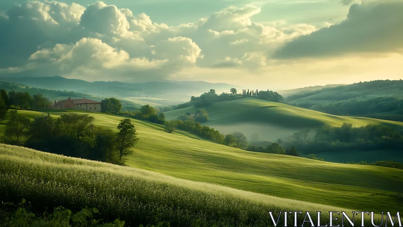 Sunlit green hills rolling toward a quiet country farmhouse.