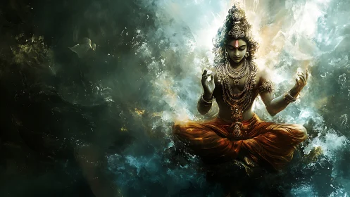 Meditative deity figure in luminous abstract environment.