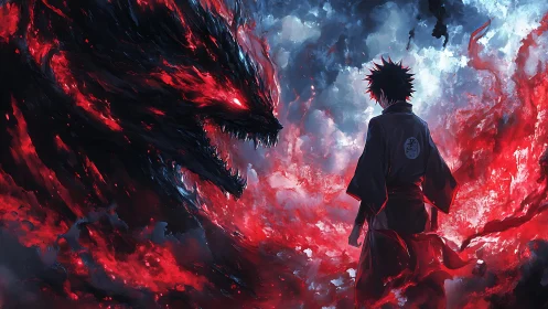 Volumetric inferno beast confronting cloaked anime conjurer.