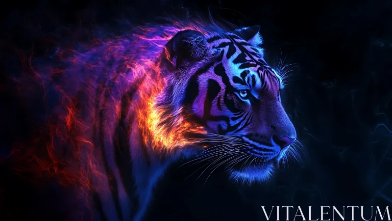 Neon tiger portrait with glowing fire and smoke effects.