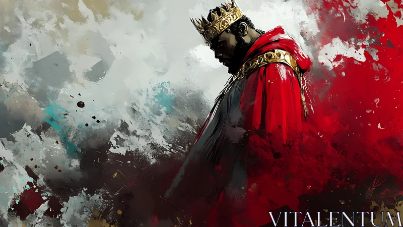 Crowned figure in red cloak stands against abstract backdrop