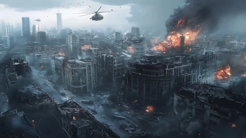 Urban combat airstrike over fire-scarred high-rise district.