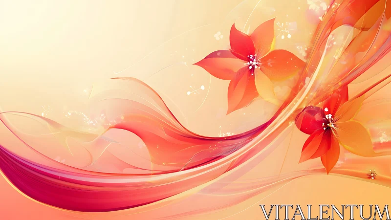 Abstract floral waves merge crimson blooms with flowing ribbons.