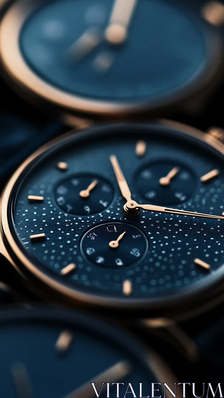 Luxury blue chronograph watch with gold details closeup.
