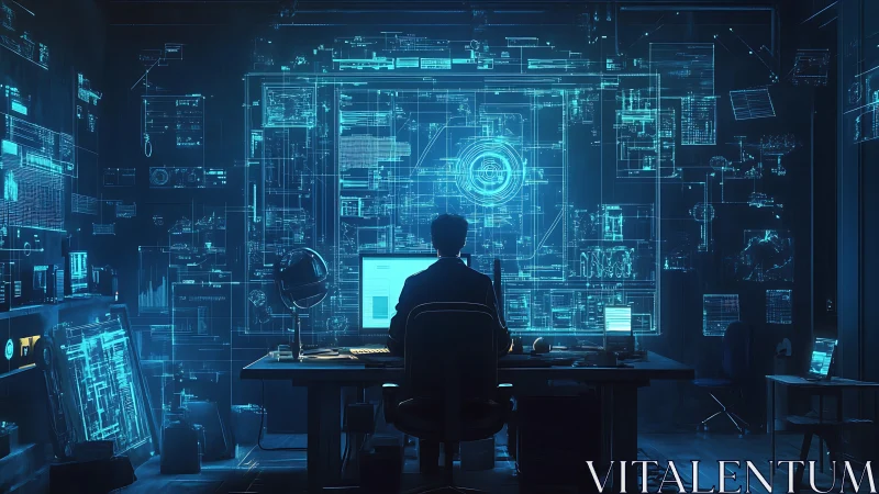 Lone security analyst monitors cyber data streams at night