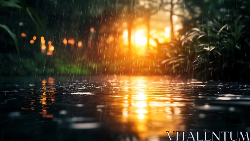 Specular rainfall over sunset pond with depth-of-field glow.