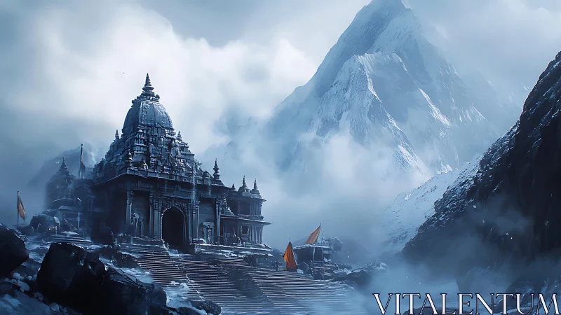Himalayan stone temple shrouded in blue glacial mist at dawn.