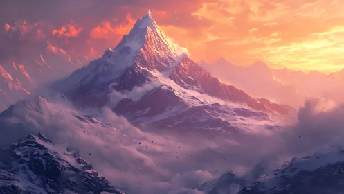 Sunlit snow peak above clouds in vivid orange sky.