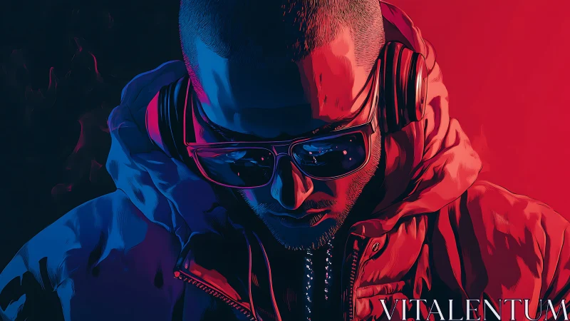 Neon headphones carve a moody DJ silhouette in split light