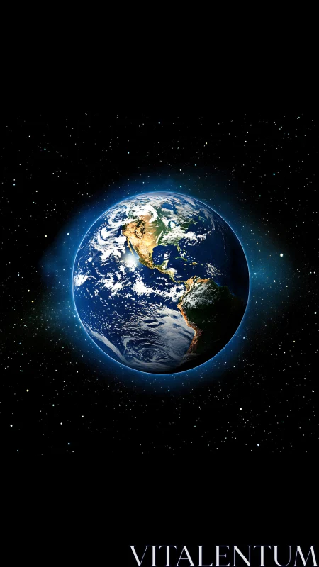 Planet Earth in deep space with illuminated continents and halo glow.