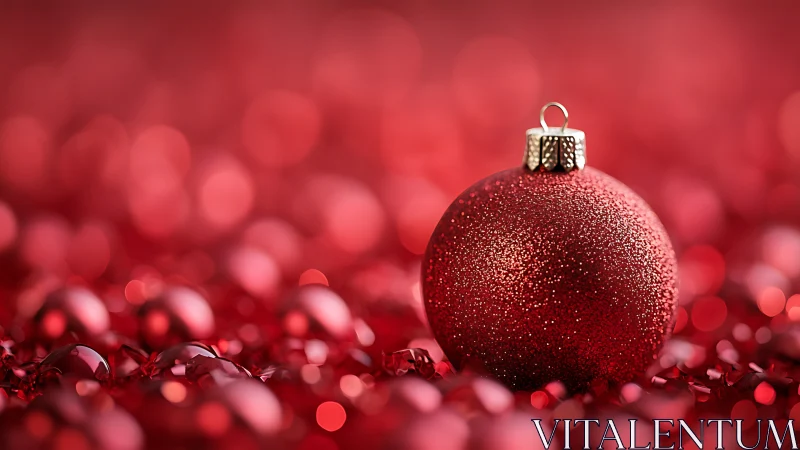 Glistening red Christmas ornament glows amid soft holiday bokeh