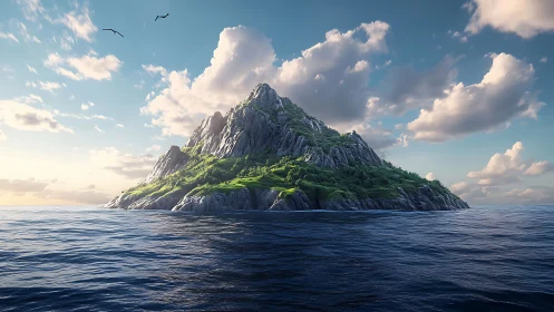 Majestic Island Mountain Rises from Sparkling Blue Ocean Waters