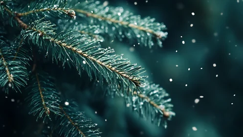 Macro evergreen needles in atmospheric winter shallow focus.