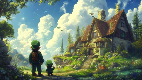 Two travelers observe cottage in lush, sunlit fantasy valley