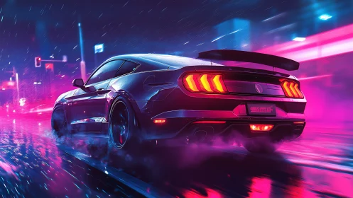 Muscle car surges through neon-soaked streets at night