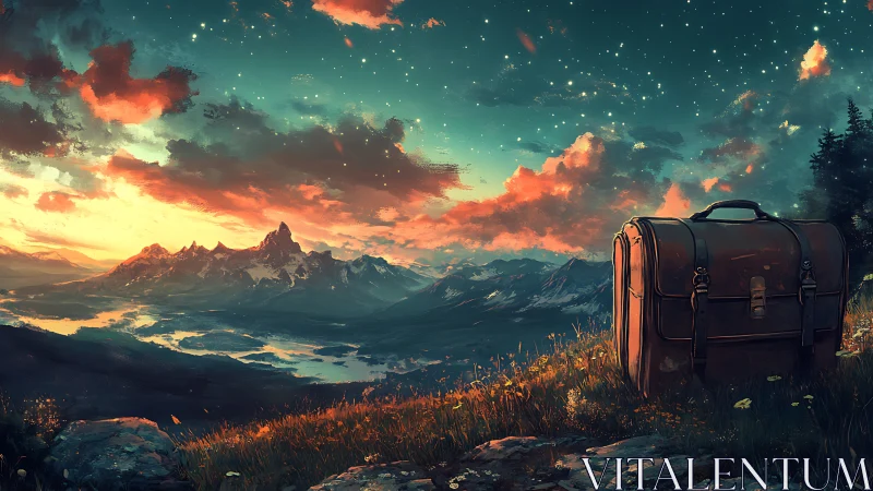 Weathered travel satchel overlooking alpine valley at dusk