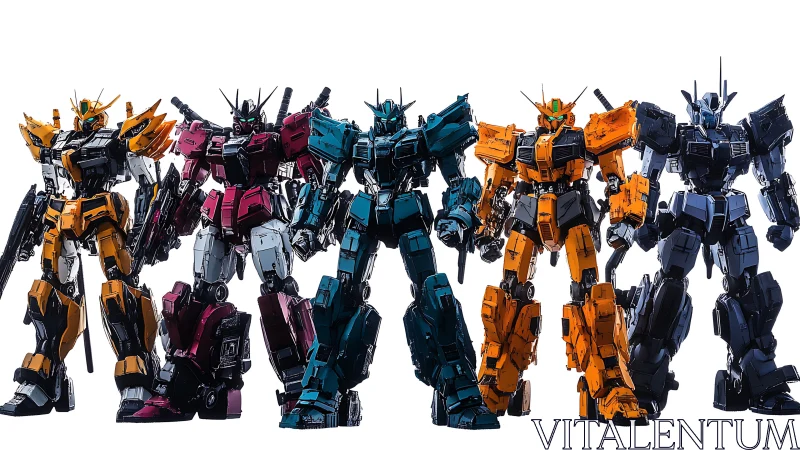 Detailed lineup of five colorful mecha model figures.
