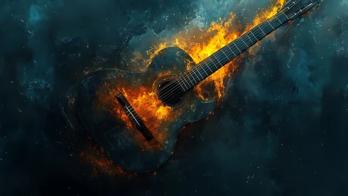 Classical guitar engulfed in controlled digital flames.