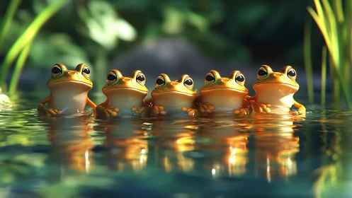 Golden tree frogs line up in reflective forest pond.