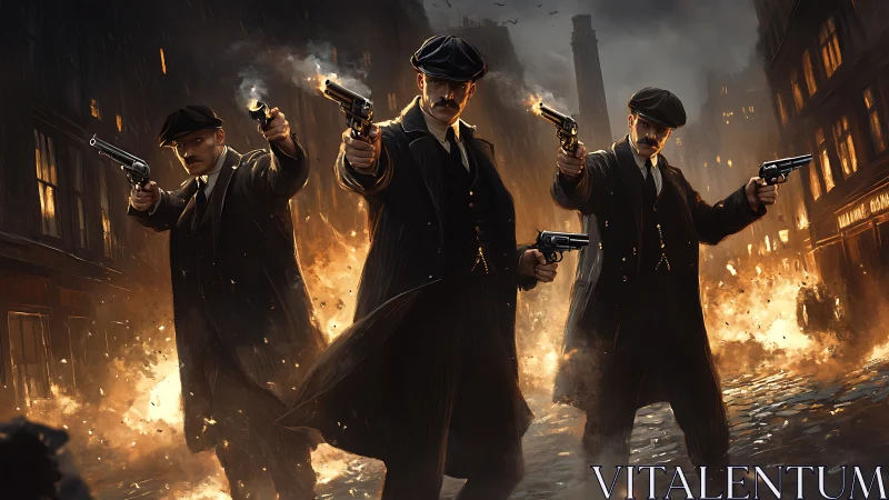 Three armed gangsters stand firing revolvers in burning street