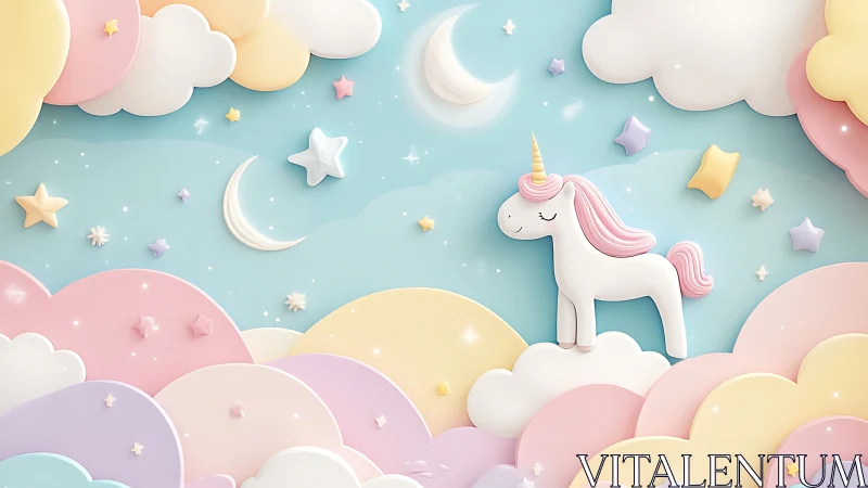 Pastel cartoon unicorn in layered dreamy cloudscape at night.