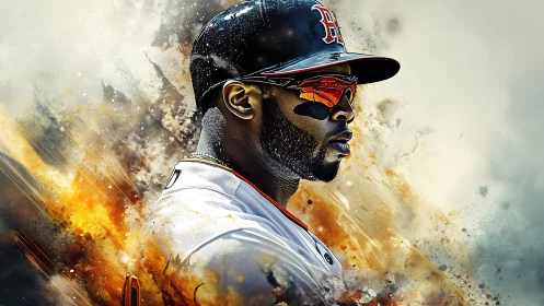 Dynamic baseball slugger emerges through fiery explosion.