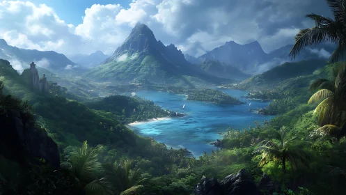 Tropical Mountain Valley with Cerulean Lake and Peak