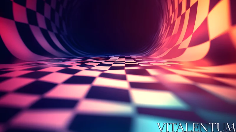 Surreal Checkered Tunnel with Neon Lighting in Abstract Style.