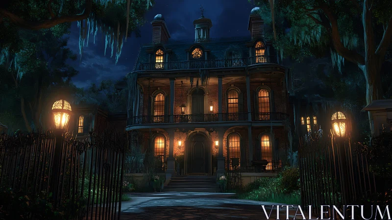 Gaslit manor façade under moonlit sky at wrought iron gates.