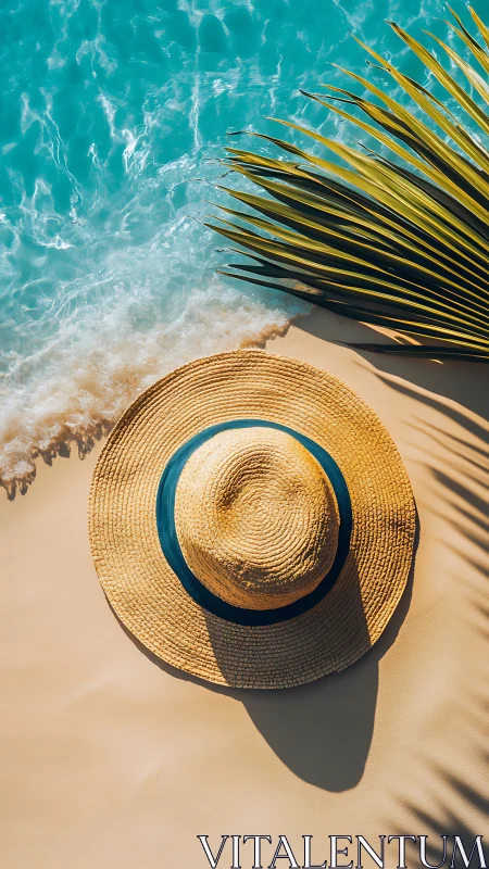 Straw hat lies on wet sand near shoreline and palm fronds