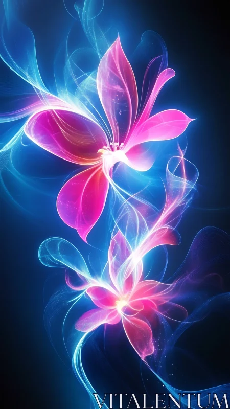 Neon bioluminescent flowers in swirling ethereal light field.