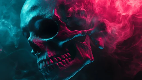 Bold neon skull glows through swirling blue and red smoke