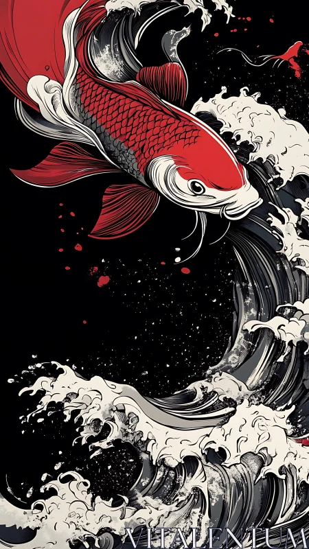 Dynamic red koi carp leaping above stylized monochrome waves