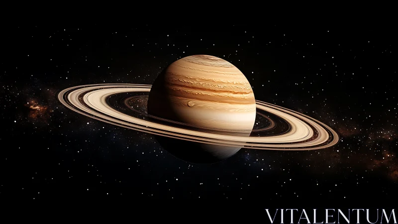 Ringed gas giant rendered with detailed volumetric shading and rings
