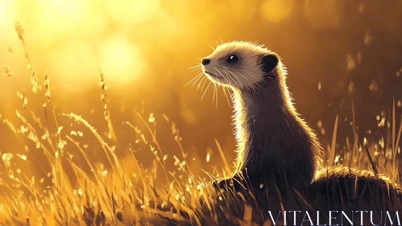 Sunlit meerkat in glowing golden meadow at dusk.