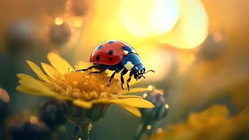 Ladybug rests on golden flower in warm glowing sunset light
