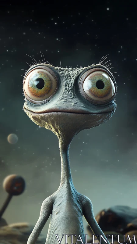 Wide-eyed alien stands on rocky planet under starry sky