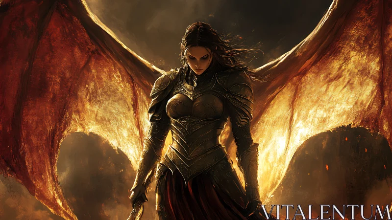 Winged armored figure in backlit infernal landscape scene.