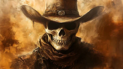 Skeleton cowboy portrait shows skull in hat and scarf