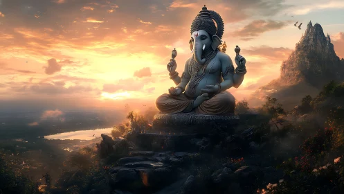 Sunset serenity with a towering Ganesha over valleys.