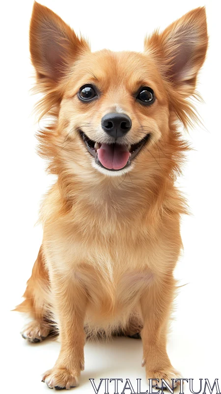 Smiling tan longhaired small dog on clean white background.