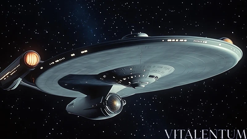 Futuristic disc-shaped starship traveling through deep space.