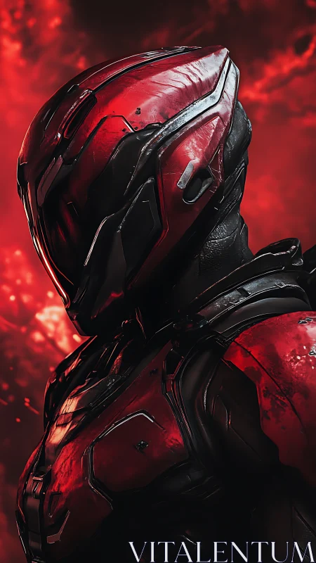 Red armored sci‑fi figure in profile against red clouds.