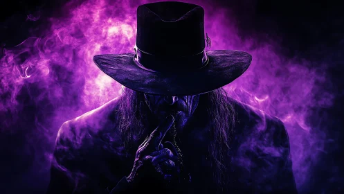 Mysterious shadowed stranger in glowing purple smoke.