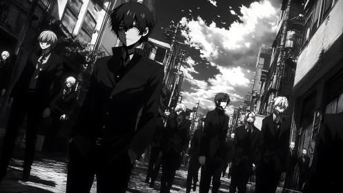 Shadowed suited silhouettes flood a crooked city avenue