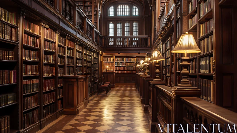 Photorealistic mahogany library interior with axial perspective.