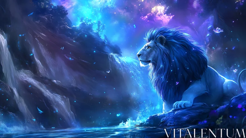 Blue lion sits by luminous waterfalls in glowing night scene