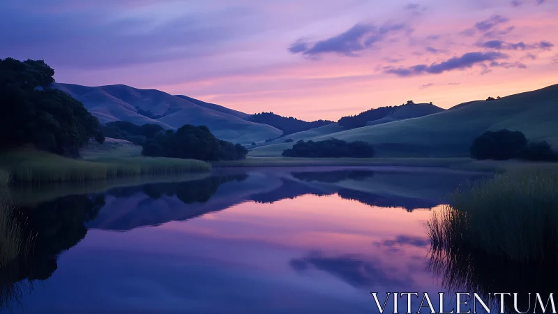 Twilight hills and lake reflection render balanced chromatic gradients